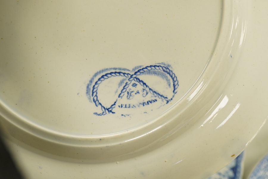 Six early 19th century blue and white transfer printed plates, including Spode, and three Wedgewood months blue and white plates, c.1900 largest 26cm in diameter. Condition - fair